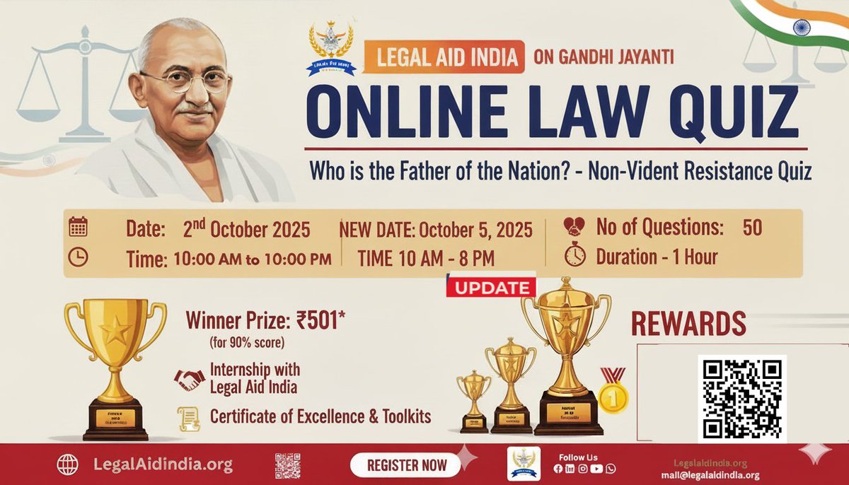 LegalAidsindia's tweet photo. IMPORTANT UPDATE 
Gandhi Jayanti Quiz RESCHEDULED
Dear Participant,
Due to heavy demand &amp; registration issues faced by some students, we've rescheduled the quiz:
 NEW DATE: October 5, 2025 
TIME: 10 AM - 8 PM
 Your registration is VALID
 https://t.co/lpHkdKcZtP
#LegalAidIndia https://t.co/9ONeRgO8g0