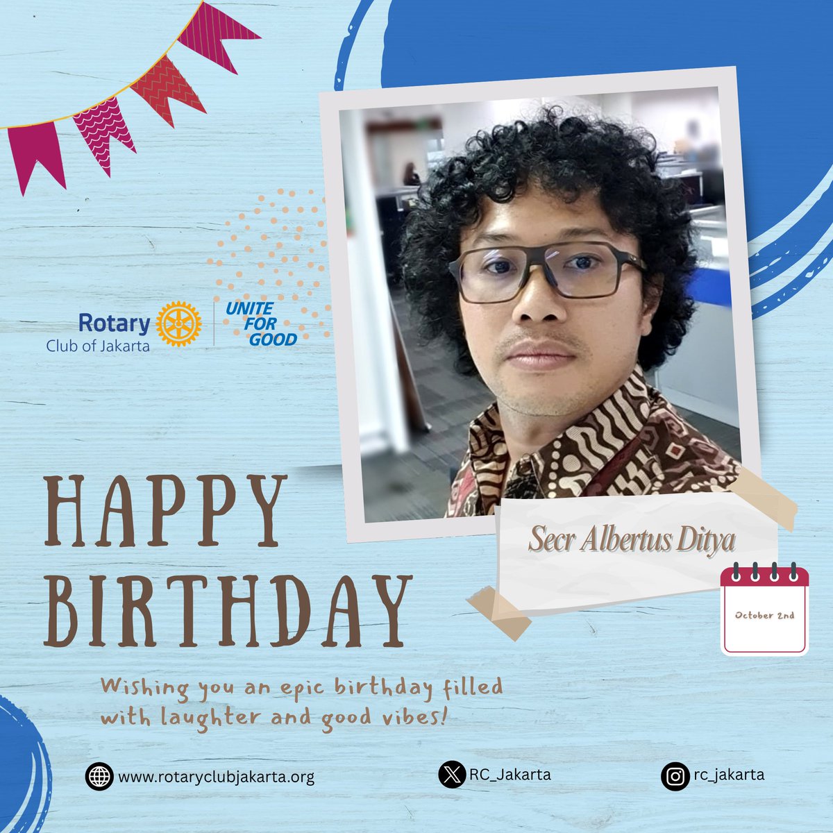 Today is our Club Secretary Albertus Ditya's birthday! Happiest happy birthday Secr Adit. Wishing you an epic birthday filled with laughter and good vibes. God Bless 🎂🍾💐 #birthday #happybirthday #memberbirthday #rotary #rotaryclubs #rotaryclubofjakarta #rotaryd3410 #volunteer