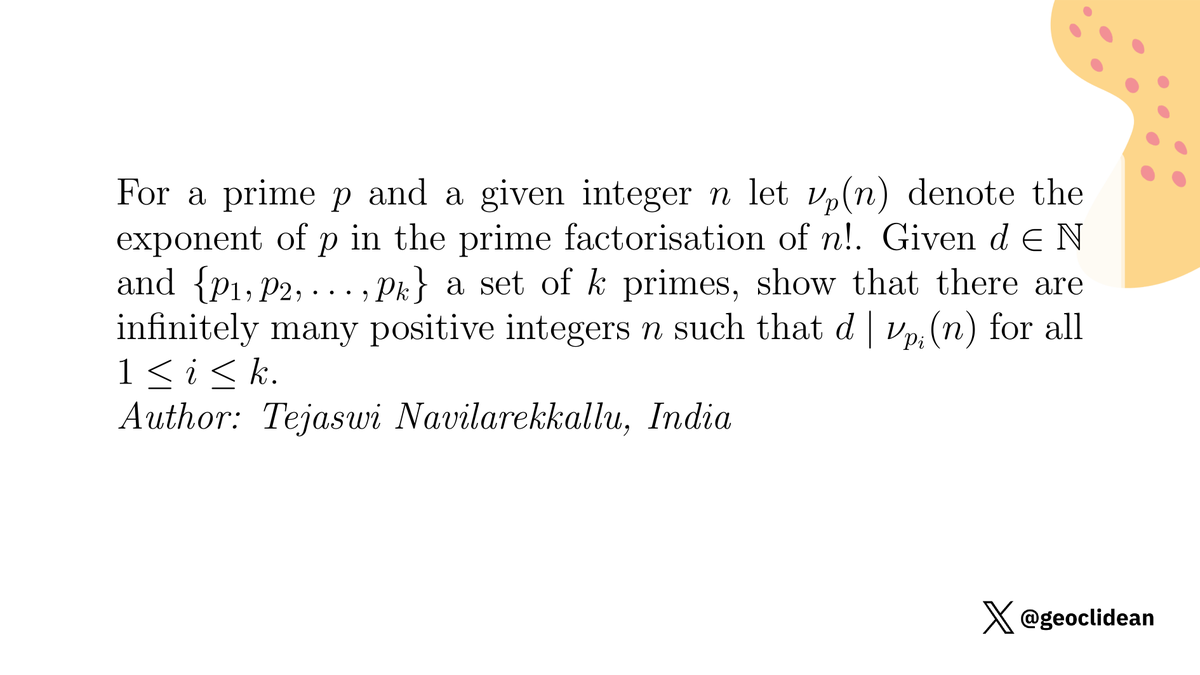 geoclidean's tweet image. Prime factorisation of n!
#ModularArithmetic #NumberTheory #PrimeFactorization #Factorial #IMOShortlist #CombinatorialNumberTheory