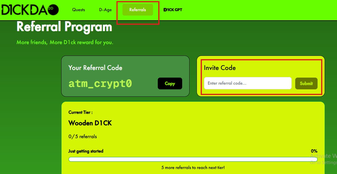 atm_crypt0's tweet image. Tham gia Airdrop D1ckDAO và Yaps làm 1 được 2, để có cơ hội chia sẻ phần thưởng trên @BioProtocol
@D1ckGPT
Follow: @atm_crypt0
Các bước tham gia:
Bước 1 truy cập:
d1ckdao.xyz/referrals
Bước 2 nhập code của: atm_crypt0
nhận thêm 50 point.
Bước 3: Hoàn thành 9…