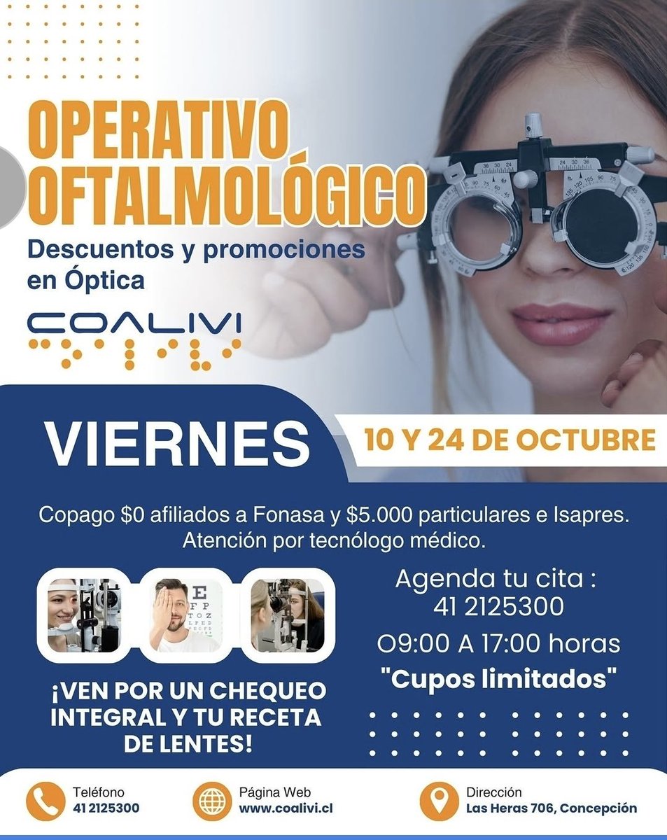 PaupinozaP's tweet image. #OperativoOftalmologico de COALIVI en #GranConcepcion #Biobio 
Viernes 10 y viernes 24 octubre. Cupos limitados.
#Oftalmologia 
👓 🤓 😎 👓 🤓 😎