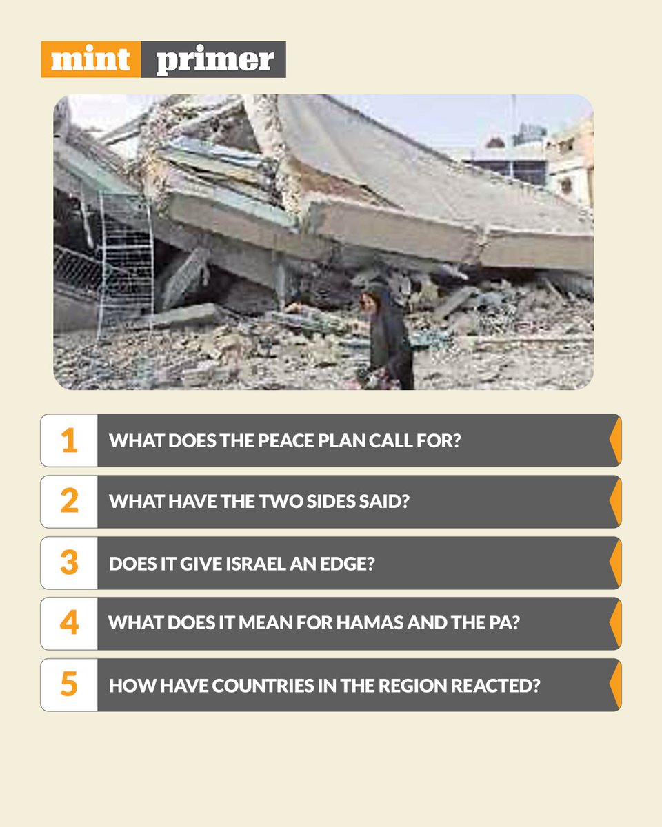 #MintPrimer | US President Donald Trump announced a 20-point peace plan that calls for an immediate end to the war in Gaza, full-scale delivery of humanitarian aid, and US-backed guarantees for a technocratic peace.

Read in detail 👇
livemint.com/news/world/us-…

Trust our hard work,