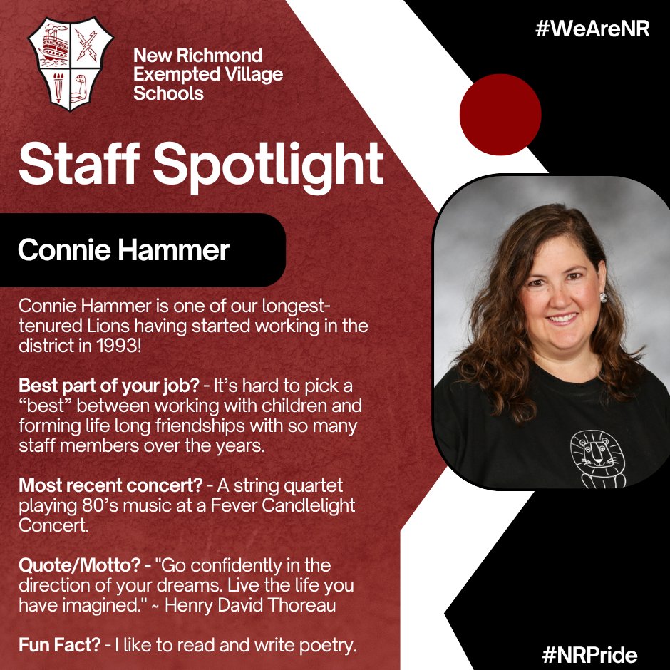 A late-night spotlight shines on Connie Hammer! She joined NREVSD in 1993 and currently teaches 4th grade at Monroe Elementary! #WeAreNR #NRPride