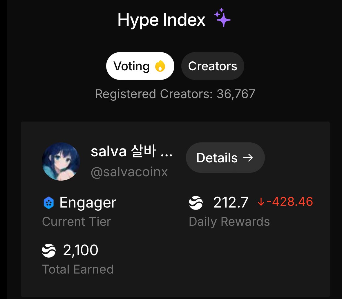 오늘의 포인트 정산
<a href="/RiverdotInc/">River</a> <a href="/River4fun/">River4FUN 🐝</a>

데일리 리워드 첫 보상인데요. 212포인트를 얻었네요.
교환비가 560~=1 $River이라고 하니까..
대충 0.9불정도 얻은건가요?

글 3개에 이정도면 교환비가 영 별로인거같은데..
팁좀 주세요 형님덜