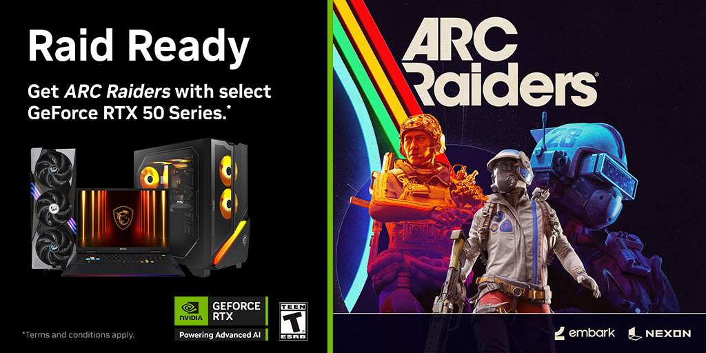 msigaming's tweet image. 🚨ARC Raiders Bundle🚨
Buy an MSI RTX50 GPU → Get ARC Raiders Deluxe Edition!
Also the Preorder Astro Pack bonus✨

📅 Oct 7–Nov 4
⏳ Redeem by Dec 2

Power up with RTX 50 + DLSS 4 + Reflex ⚡

#ARCRaiders #RTX50