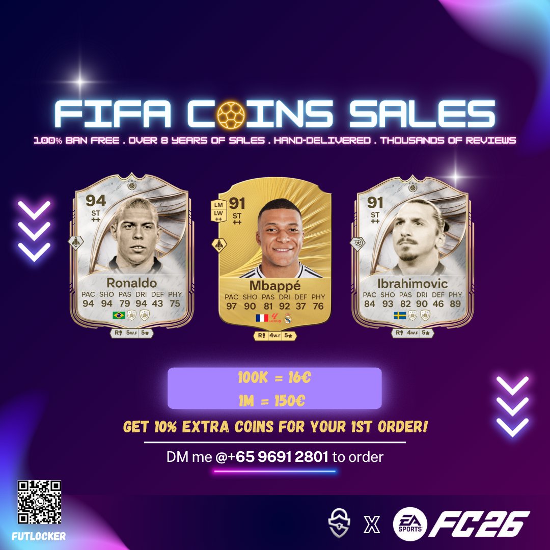 FUTLockerHQ's tweet photo. 🚨 Price drops for FC26 Coins!
100k = 16 €
1mil = 150 €
DM me at +65 9691 2801 to order

💎 First-time customers and returning customers gets up to 20% extra coins on your first order with me!
🎁 Free SBC service on coin orders

#EAFC26 #FC26 #FIFA https://t.co/xLd5uwVJU8