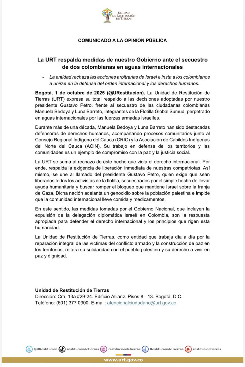 URestitucion's tweet photo. 🚨 La URT rechaza enfáticamente el secuestro de las activistas colombianas Luna Barrera y Manuela Bedoya, integrantes de la @GlobalSumudF, perpetrado por Israel en aguas internacionales, en clara violación del derecho internacional. 

La entidad, bajo el liderazgo del mayor @GiovaniYule, respalda las medidas tomadas por el Gobierno de nuestro presidente @petrogustavo, como respuesta necesaria para defender los principios que rigen el orden global.
