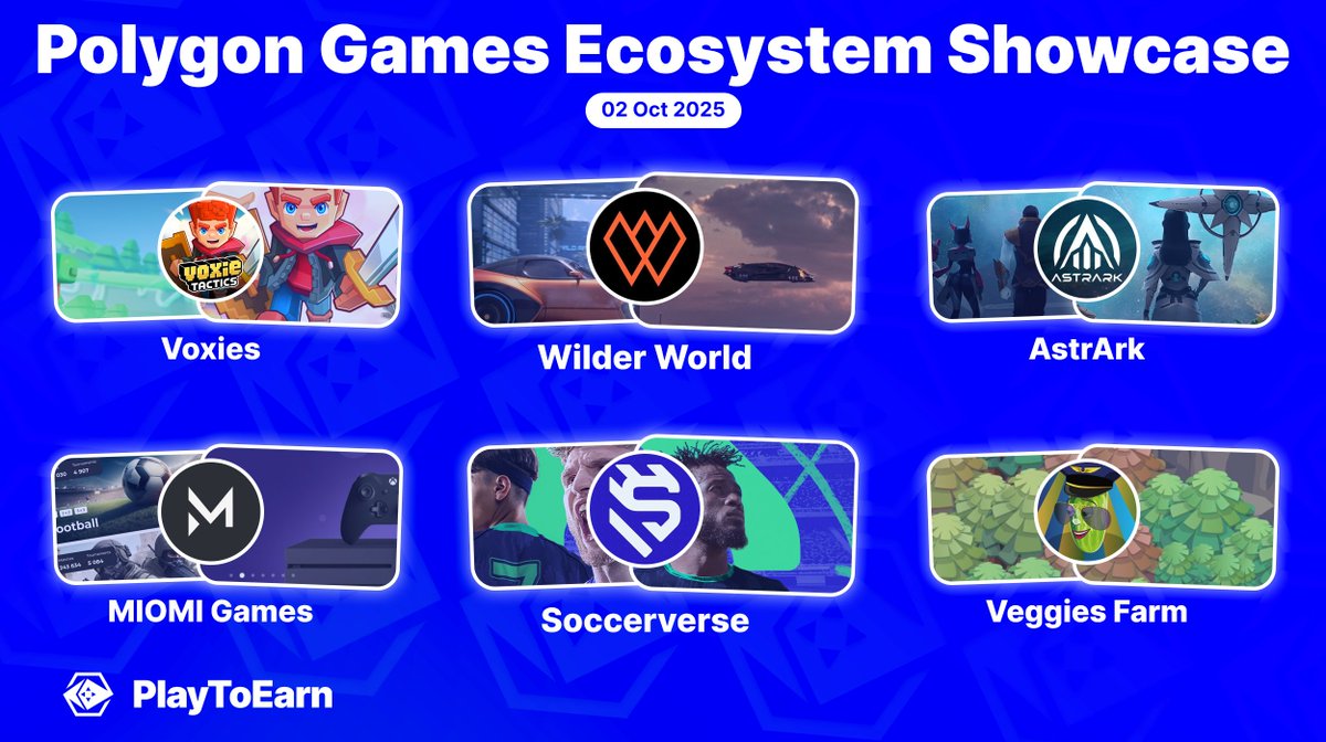 PlayToEarn's tweet photo. Explore the blockchain games building within the Polygon ecosystem! 🟪🏗️🎮

Check out these 6 projects, each delivering a unique player experience 👇

🔹@WilderWorld 
🔹@AstrArk_World 
🔹@VoxieTactics 
🔹@miomi_game 
🔹@soccerverse 
🔹@info_nft https://t.co/KbL2UZFkLl