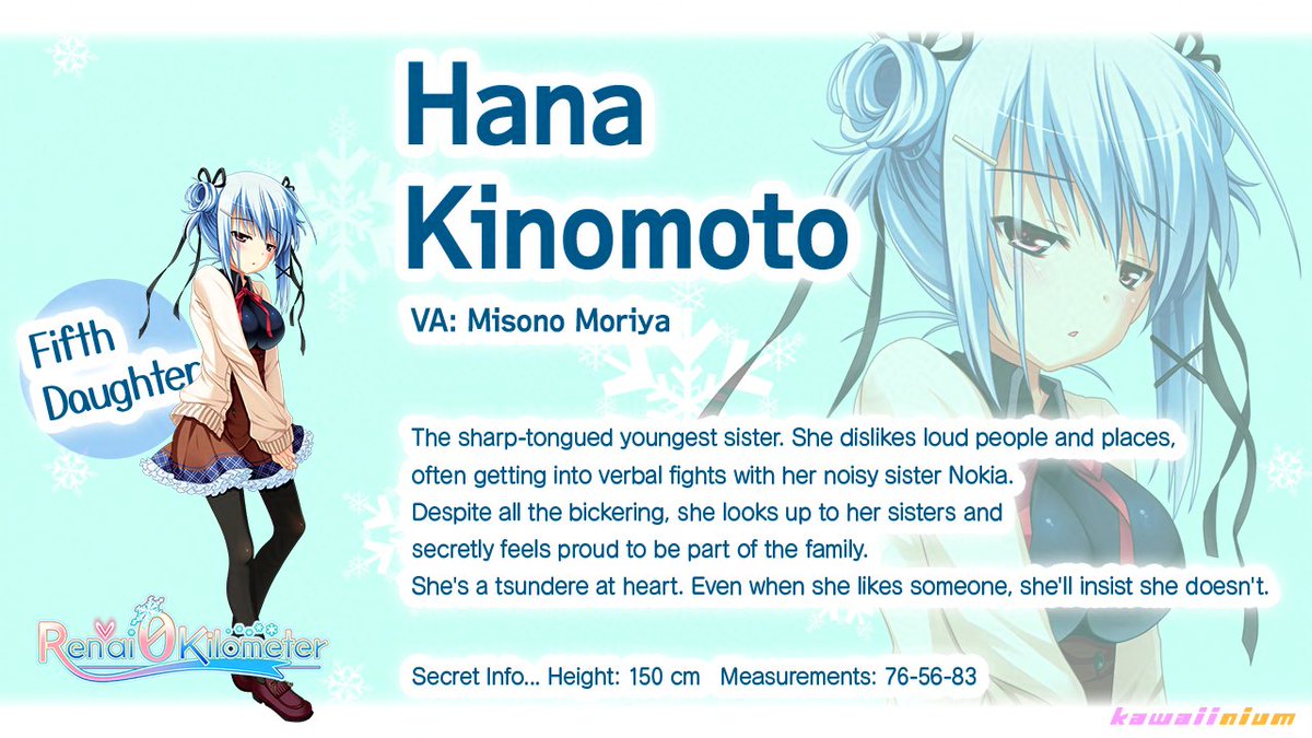 kawaiinium_en's tweet photo. #Renai 0 Kilometer: Character Intros 💗
Hana Kinomoto
VA: Misono Moriya
The fifth Kinomoto daughter. Youngest she may be, but her snark has got real bite to it. 🌶️ She often gets into spats with Nokia. That she typically wins.
Wanna learn more?
https://t.co/eqoq6qfIUK https://t.co/68N65Wd9Ao