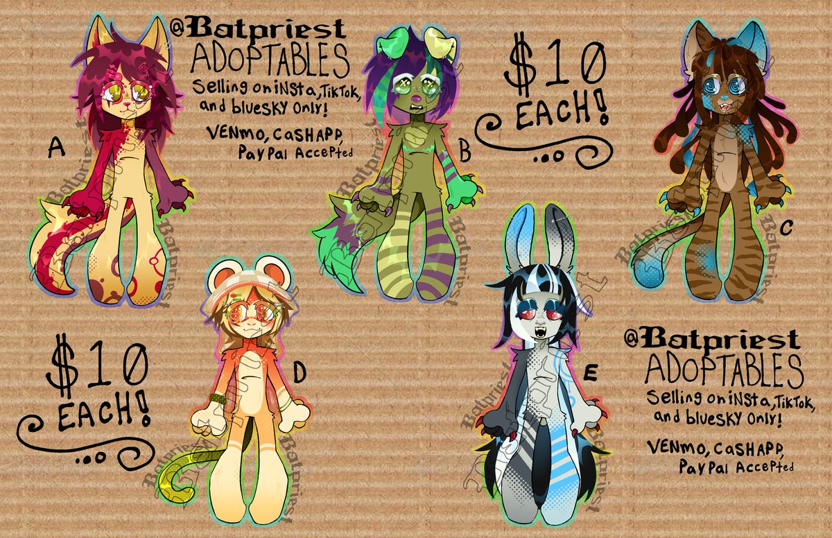 First round of adoptables!! 
Each is $10 dollars! 
Type claim and the letter to claim!
 I’ll send you a DM for payment 
Disregard the socials I changed my mind XD #furry #furryartwork #furryadopts #adopt #adoptables #fursona #furryadoptable #furryadopt #digitalart #smallartist