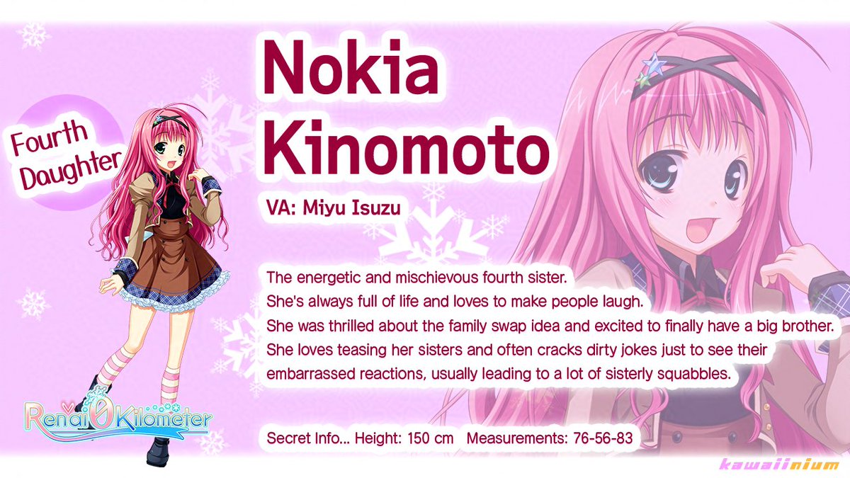 kawaiinium_en's tweet photo. #Renai 0 Kilometer: Character Intros 💗
Nokia Kinomoto
VA: Miyu Isuzu
The fourth daughter of the fam. She's the life of the party and a bit of a prankster, but may not be what you'd call dependable. She'll def make you laugh tho. 🤣
Wanna learn more?
https://t.co/eqoq6qfb5c https://t.co/s5BlneDa8P