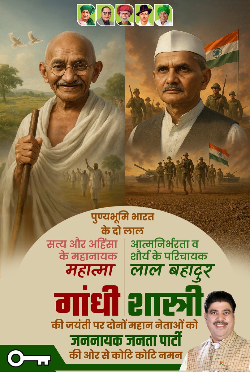 DrAjaySChautala's tweet photo. राष्ट्रपिता महात्मा गांधी जी और भारत के पूर्व प्रधानमंत्री, भारत रत्न लाल बहादुर शास्त्री जी की जयंती पर शत-शत नमन।
गांधी जी का सत्य, अहिंसा और स्वदेशी का मार्ग आज भी हमारे लोकतंत्र की आत्मा है।
शास्त्री जी का ‘जय जवान, जय किसान’ का मंत्र आज भी हर भारतीय की ताक़त है।
इन दोनों महान नेताओं के विचार और आदर्श हम सबको एक मज़बूत, आत्मनिर्भर और न्यायपूर्ण भारत के निर्माण की प्रेरणा देते हैं।