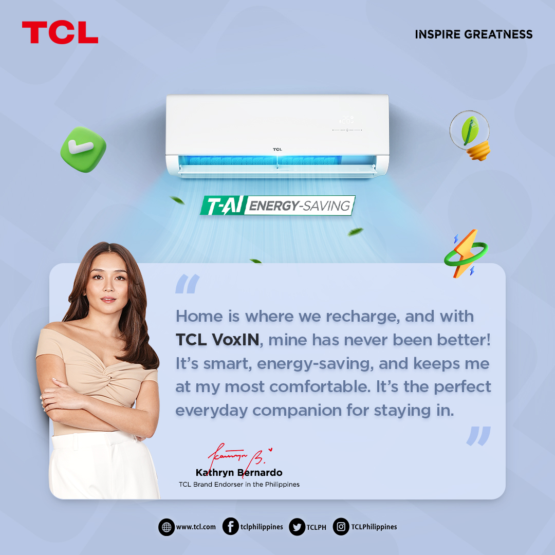 TCLPH's tweet photo. Smart ✅ Energy-saving ✅✅ And of course, unmatched comfort all day long ✅✅

How about you, what’s your everyday companion for staying in? Share it below! 

#TCLVoxINAC #TCLTAIEnergySavings #TCLSmartCoolingMoreSavings #TCLInspireGreatness #TCLPhilippines #KathrynBernardo https://t.co/S74qWAQ9VK