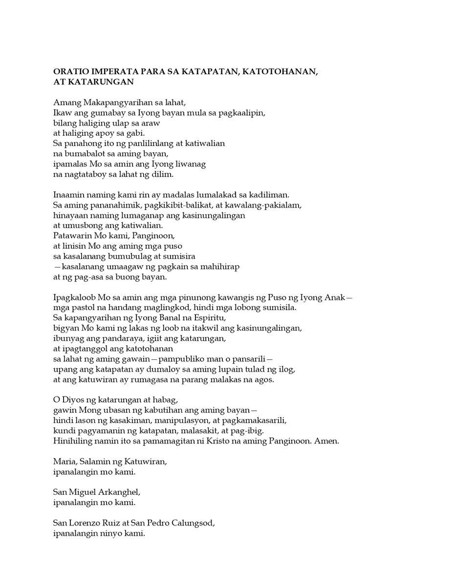 ABSCBNNews's tweet photo. READ: The Archdiocese of Manila has mandated the praying of the Oratio Imperata for integrity, truth, and justice in all its churches.

The memo also orders a simultaneous ringing of bells every 8 p.m. starting on October 4, as a 'prophetic cry of indignation and outrage against the evil of corruption.'

(Courtesy: Archdiocese of Manila - Office of Communications/Facebook)
