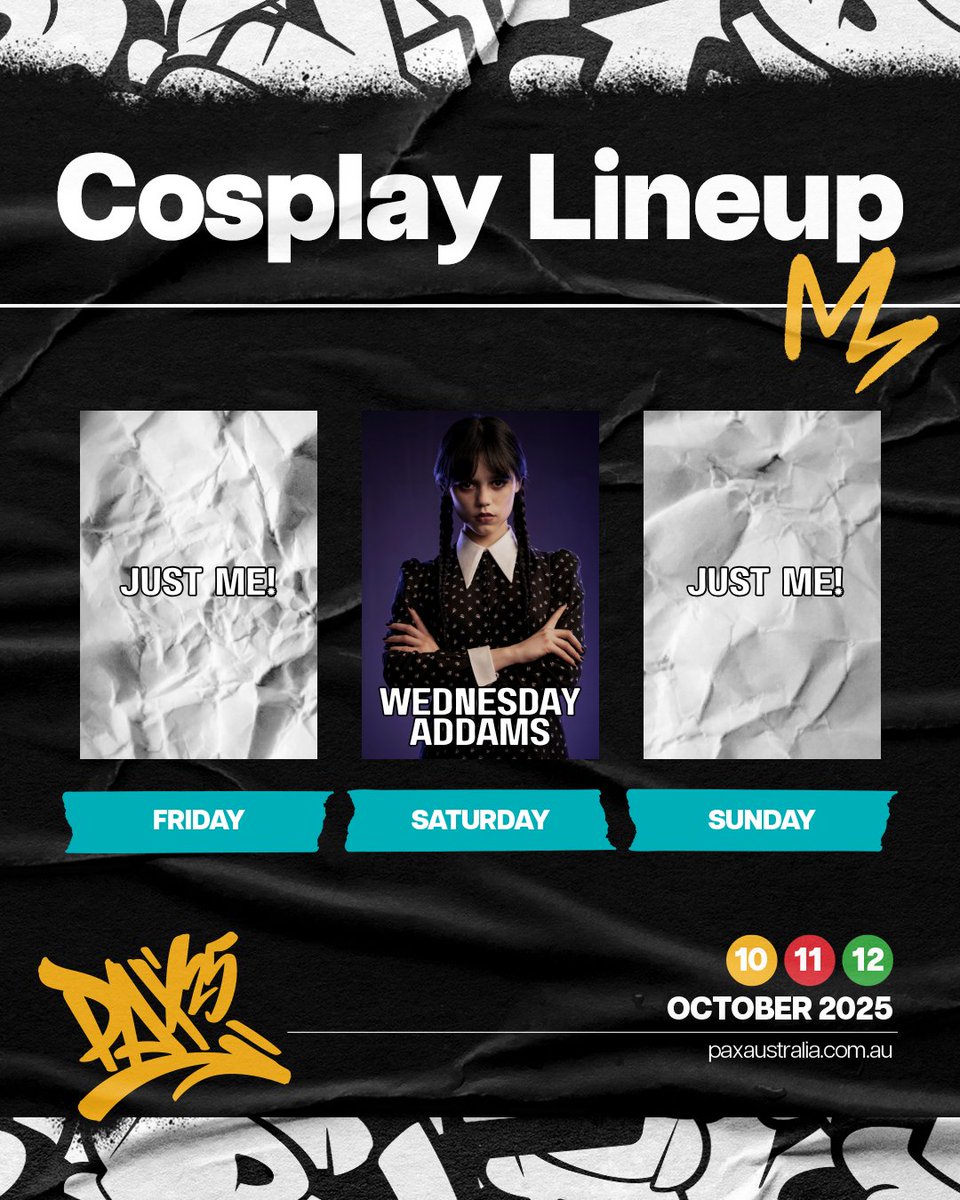 My schedule for <a href="/PAXAus/">PAX Australia</a> ! 💛🤍
No panels for me this year, but I will be going to heaps AND I'm cosplaying for the first time!
This is where I'll be on all 3 days - if you can't find me, please reach out! I'd love to say hey 😍

#PAXAUS #PAXAUS2025