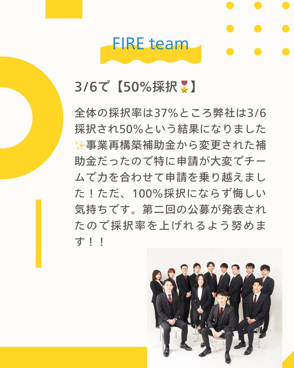 ArrowS_nagoya's tweet photo. 新事業進出補助金の採択結果👏
結果は3/6で50%採択されました👏
この補助金は申請が大変で皆で力を合わせて申請を乗り越えましたが、100%とならず悔しい気持ちです。
事業再構築補助金と通算すると採択率は87%で一般採択率の2倍です。第二回公募で採択率を上げれるようチームで頑張っていきます💪🎌 https://t.co/l5NcSPolIx