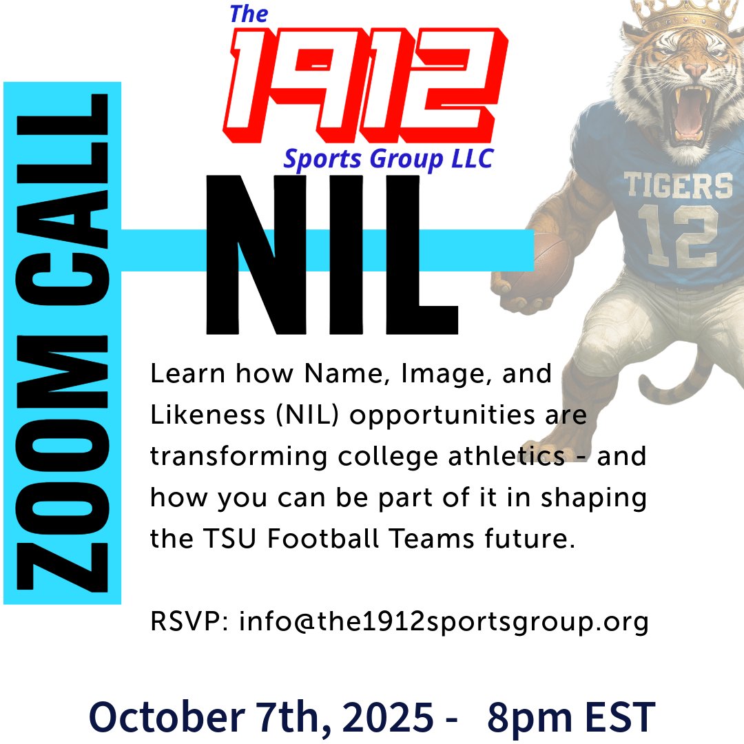 Join us on an informational Zoom call on how Name, Image, and Likeness (NIL) is shaping the collegiate athletic landscape.  We'll discuss ways to get involved in supporting our beloved TSU Football Program.   Be sure to RSVP at info@the1912sportsgroup.org to receive the Zoom Link
