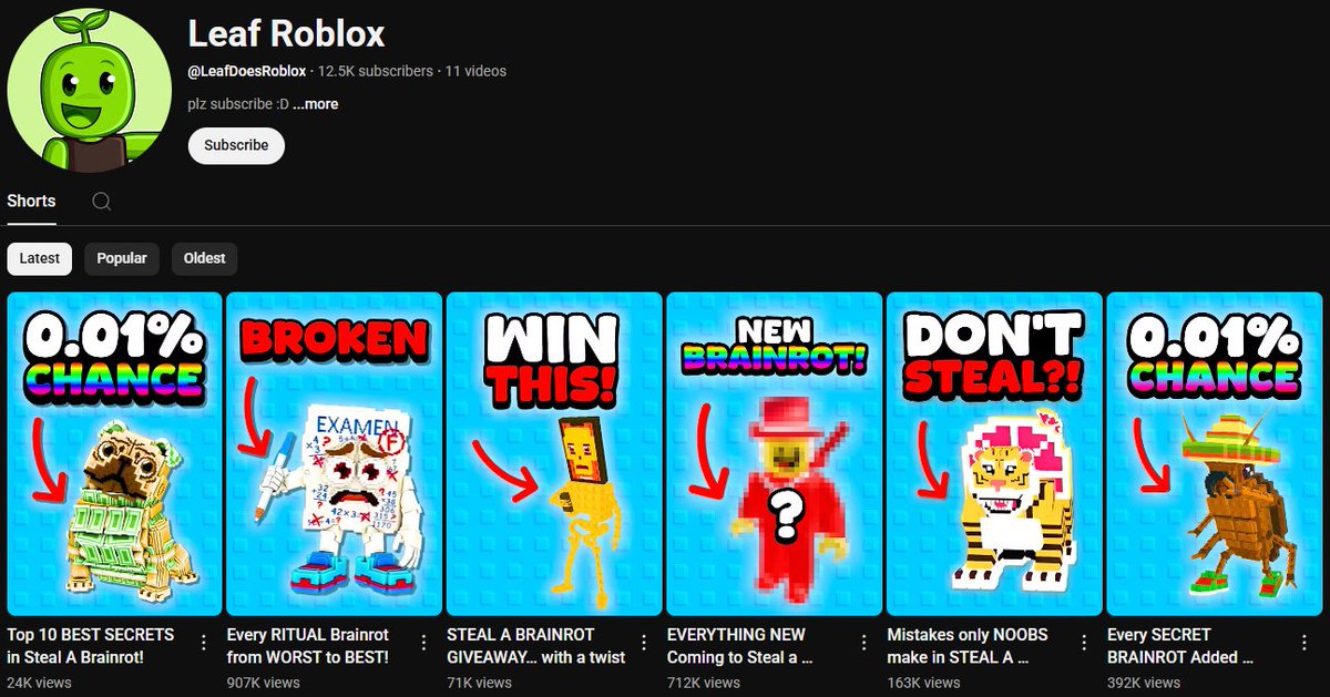 This Roblox channel is blowing up fast.

They jumped on the trending game Steal a Brainrot and created a unique style that stands out in an already competitive market.

That’s how you outdo your competition

1. Add your own twist.
2. Build momentum