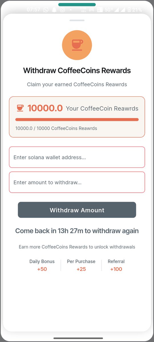 coffeecoinlabs's tweet photo. "CoffeeCoin Rewards are coming 🚀💰 Earn, collect & withdraw your CoffeeCoins — straight to your Solana wallet. #CoffeeCoin #Web3 #Rewards" $coffeecoin https://t.co/jdhhC06f5h
