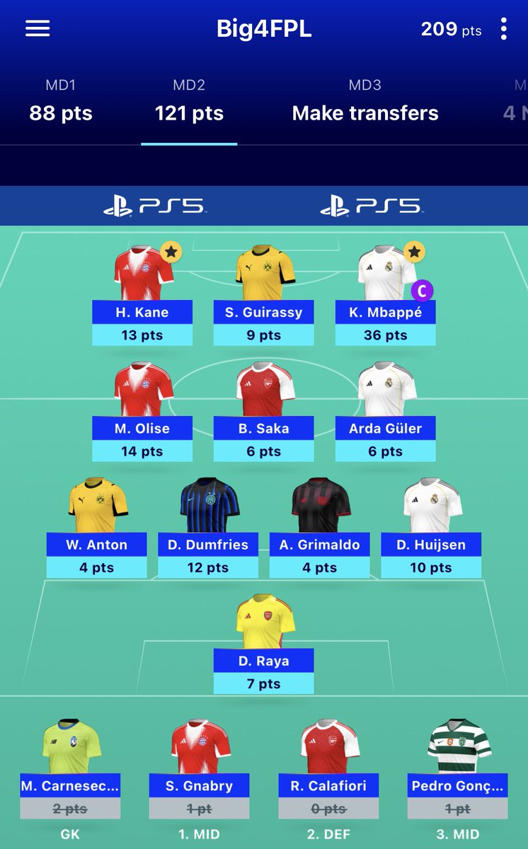 MD2 - UCL Fantasy

121 Points

16.8k 🌍 

Decent first 2 weeks, with no chips used, puts me in a good spot going forwards - only 18 points away from the top 1k