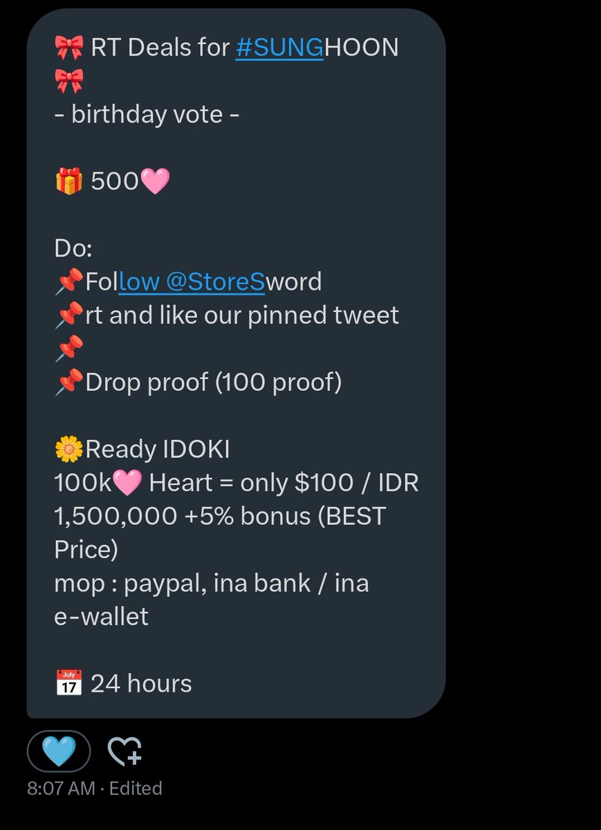 🎀 IDOKI  RT Deals for #SUNGHOON  🎀

birthday vote -
🎁 500💗

Do:
📌Follow <a href="/StoreSword/">Sell Kpop Votes</a>
📌rt and like our pinned tweet
📌Drop proof (100 proof)

🌼Ready IDOKI
100k💗 Heart = only $100 / IDR 1,500,000 +5% bonus (BEST Price)
mop : paypal, ina bank / ina e-wallet

📅 24 hours