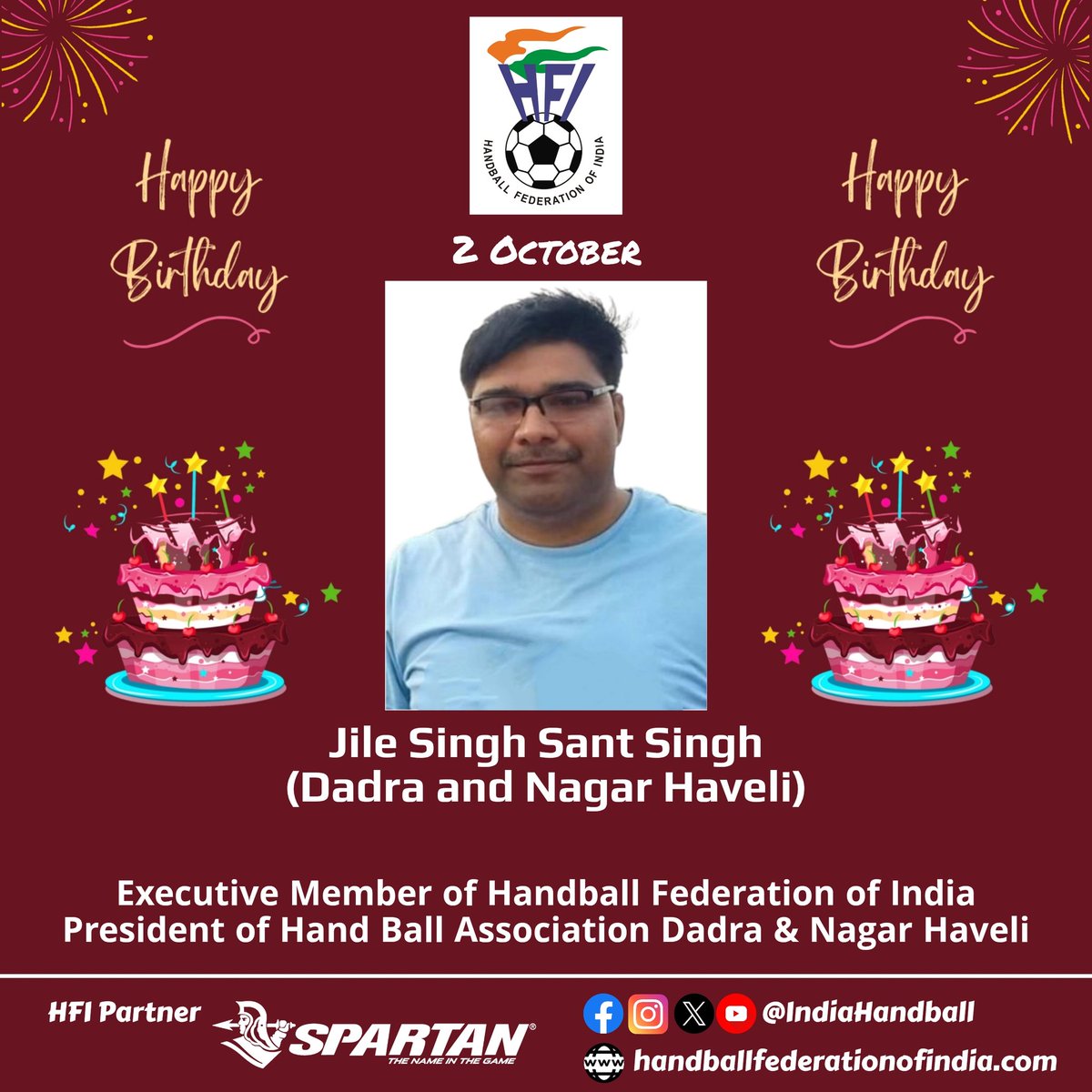 IndiaHandball's tweet image. HFI  extends warm wishes to Mr. Jile Singh Sant Singh (Dadra and Nagar Haveli), HFI Executive Member and President of Hand Ball Association Dadra &amp;amp; Nagar Haveli.

Wishing you good health, happiness, and continued success 🙏✨

#HappyBirthday #IndiaHandball #HFI #BirthdayWishes