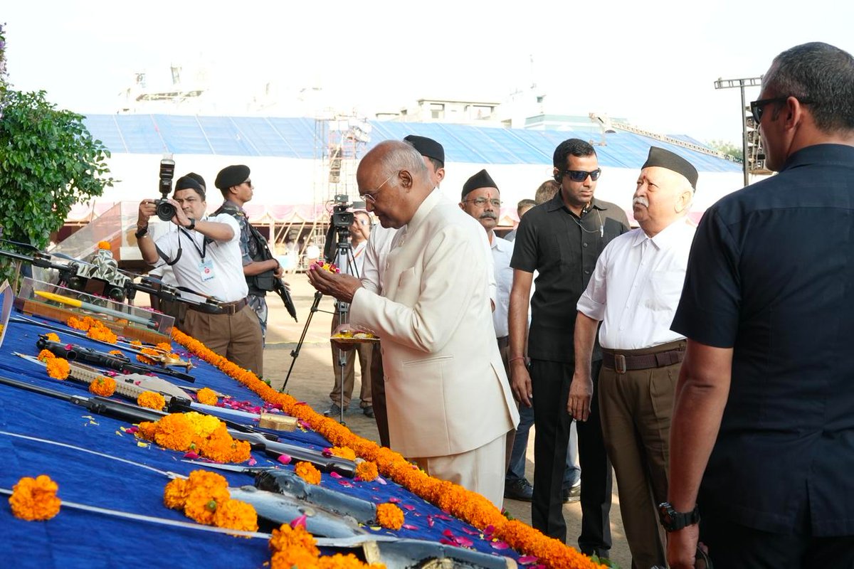 Chief guest of #RSS100Years Vijayadashami Utsav,  Hon'ble former president of Bharat, Sri Ram Nath Kovind ji offered Shastrapuja .