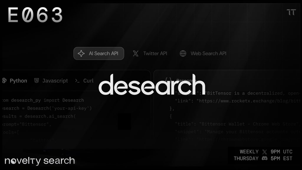 opentensor's tweet image. This week on Novelty Search we have Bittensor Subnet 22

“Powering the next generation of AI agents with data” - @desearch_ai 

X Livestream :: @opentensor
&amp;gt;&amp;gt; or join live via Bittensor Community Discord