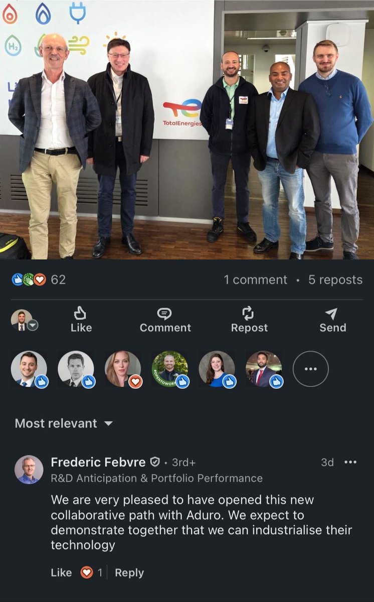 StockResearchWk's tweet image. $ADUR Head of TotalEnergies R&amp;amp;D Incubation portfolios commented on Aduro’s LinkedIn post “We expect to demonstrate together that we can industrialise their technology” 

I made a video on Sunday predicting Total would be first partner. This new comment makes me even more bullish!