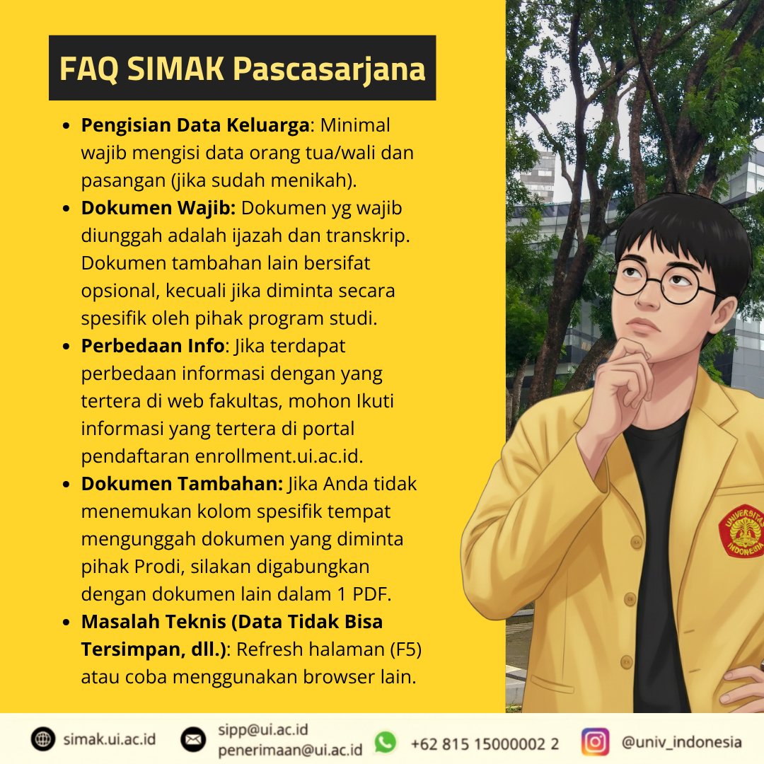 SIMAK_UI's tweet image. Hai, Calon Mahasiswa Pascasarjana UI! 👋 

Lagi di tengah proses pendaftaran dan punya pertanyaan? Jangan khawatir! Kami sudah merangkum FAQ-nya dalam infografis berikut, SIMAK baik-baik ya!

Pastikan juga untuk mengecek informasi selengkapnya, di laman: tinyurl.com/daftarui