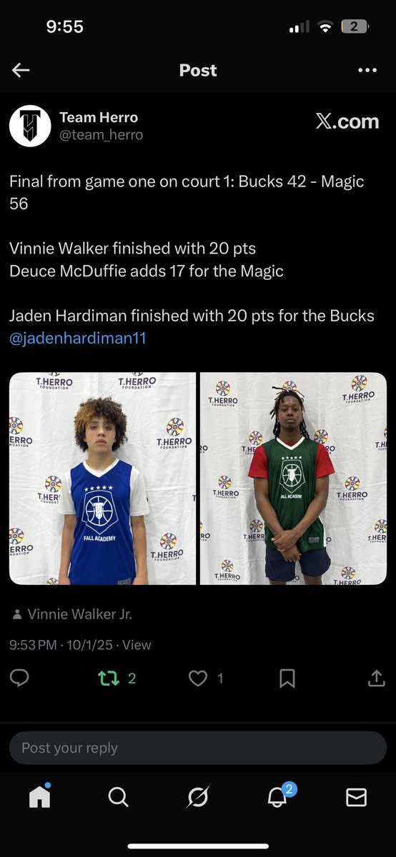 Final from Game 1 on Court 1:
Bucks 42 – Magic 56

I finished with 20 points tonight, just locked in and hooping. 🏀🔥

#GameDay #FinalScore #LockedIn