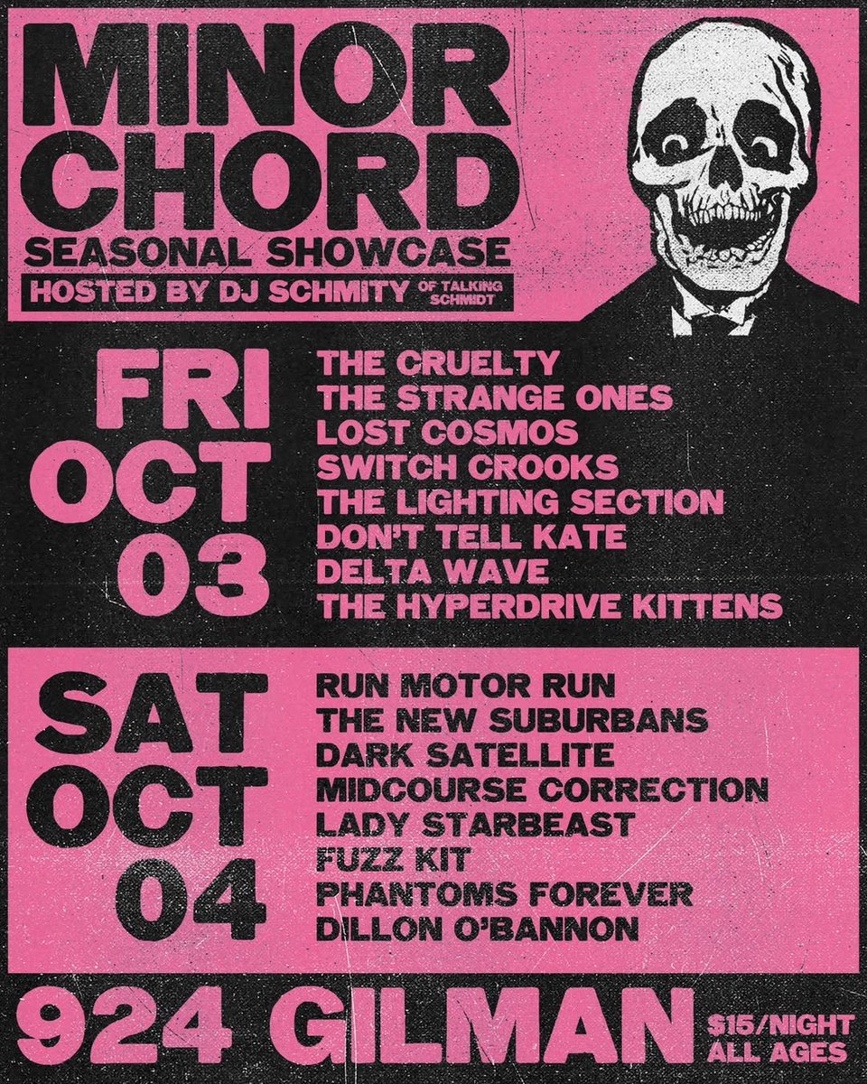 THIS Friday Oct 3, Day 1 of 2-day Minor Chord Seasonal Showcase.  AND it's the Official Release date for It's A Comp Vol 2 for Bandcamp Friday &amp; <a href="/hyperdrivekitty/">hyperdrivekittens</a> will be playing our single.  Come on dowwwwwn!
7pm so don't be late. 6:30 doors open.