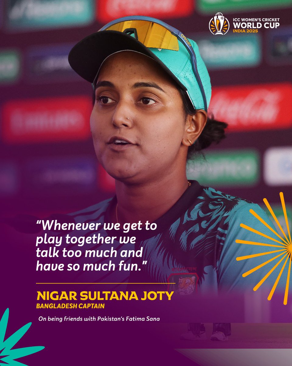Bangladesh skipper Nigar Sultana Joty has built up a friendly relationship with Pakistan counterpart Fatima Sana over the years 😍

More 👉 icc-cricket.com/tournaments/wo…

Check out how to watch them in action at #CWC25 ▶️ bit.ly/46pHqKc