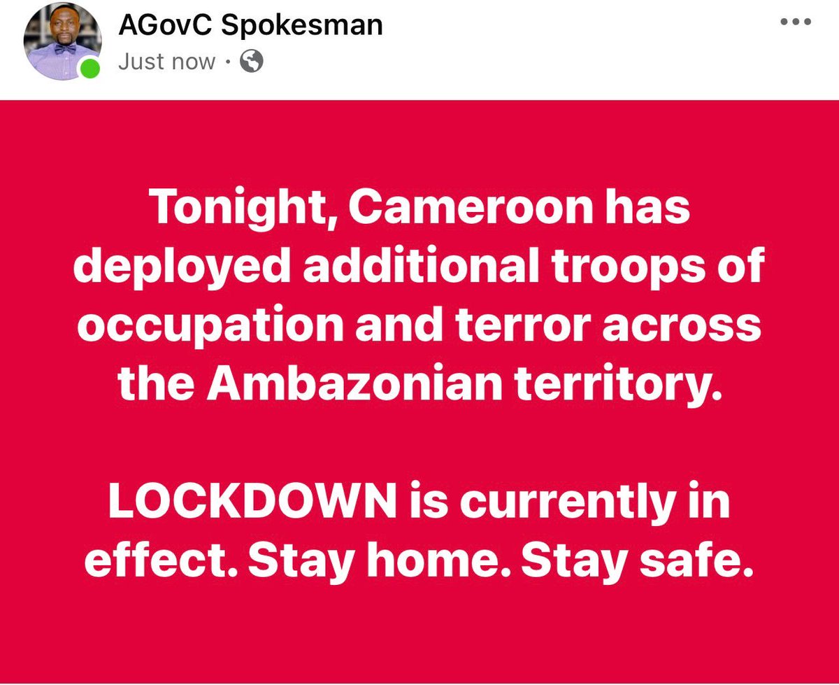 ⚠️ National Warning – Ambazonia

Cameroun occupation forces are deployed across our land.

🔴 Follow the lockdown
🔴 Stay indoors &amp; stay safe
🔴 Avoid all proximity to Cameroun soldiers

Your safety comes first.