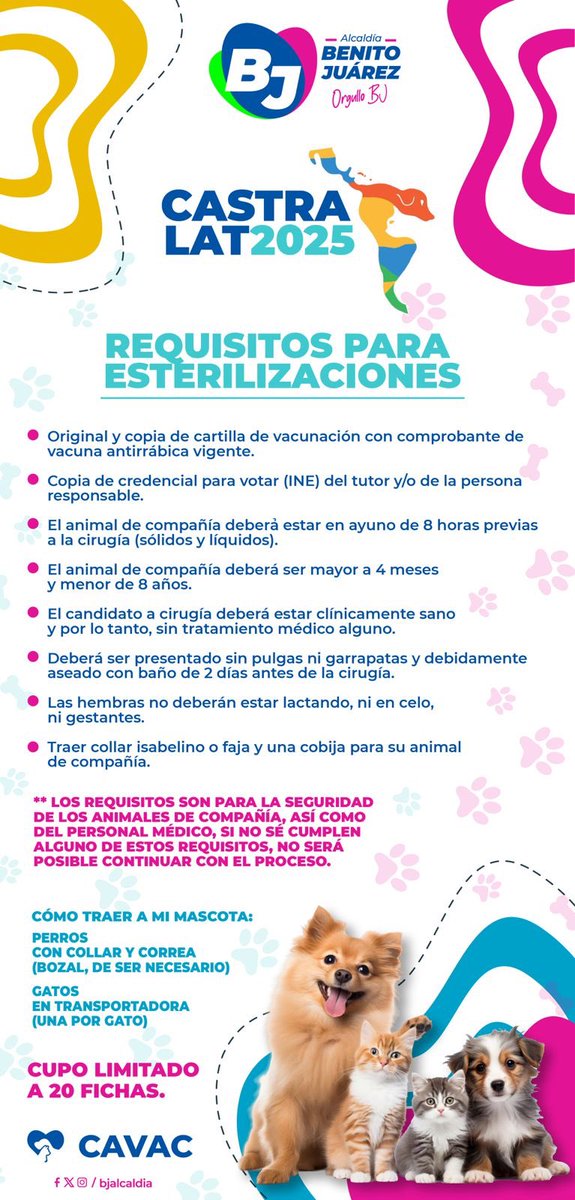 En colaboración con <a href="/castralat/">@castralat</a>, te invitamos a la jornada de esterilización este sábado 4 de octubre. 🐶🐱
El registro se llevará a cabo el 2 y 3 de octubre dentro del CAVAC y será limitado a 20 fichas. 
Consulta los requisitos aquí abajo. 👇🏻 
¡Te esperamos!