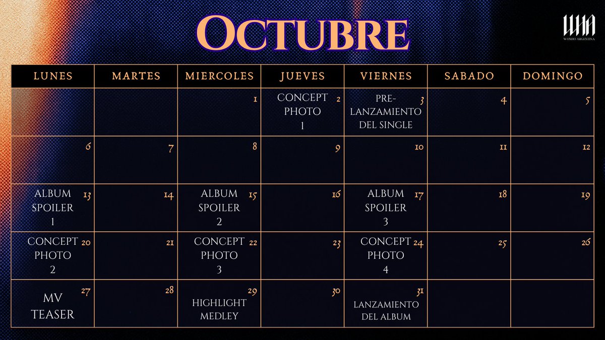 Octubre de What's your love syndrome? 

Un calendario para recordar las fechas de este comeback #Wenee 
Hoy, a las 8AM ARG se lanzará la primera foto concepto. 
La tendencia comenzará a las 6AM ARG. 

¡Nos vemos a la mañana!

#WONHO #원호 #ウォノ #위니 #ウィニ