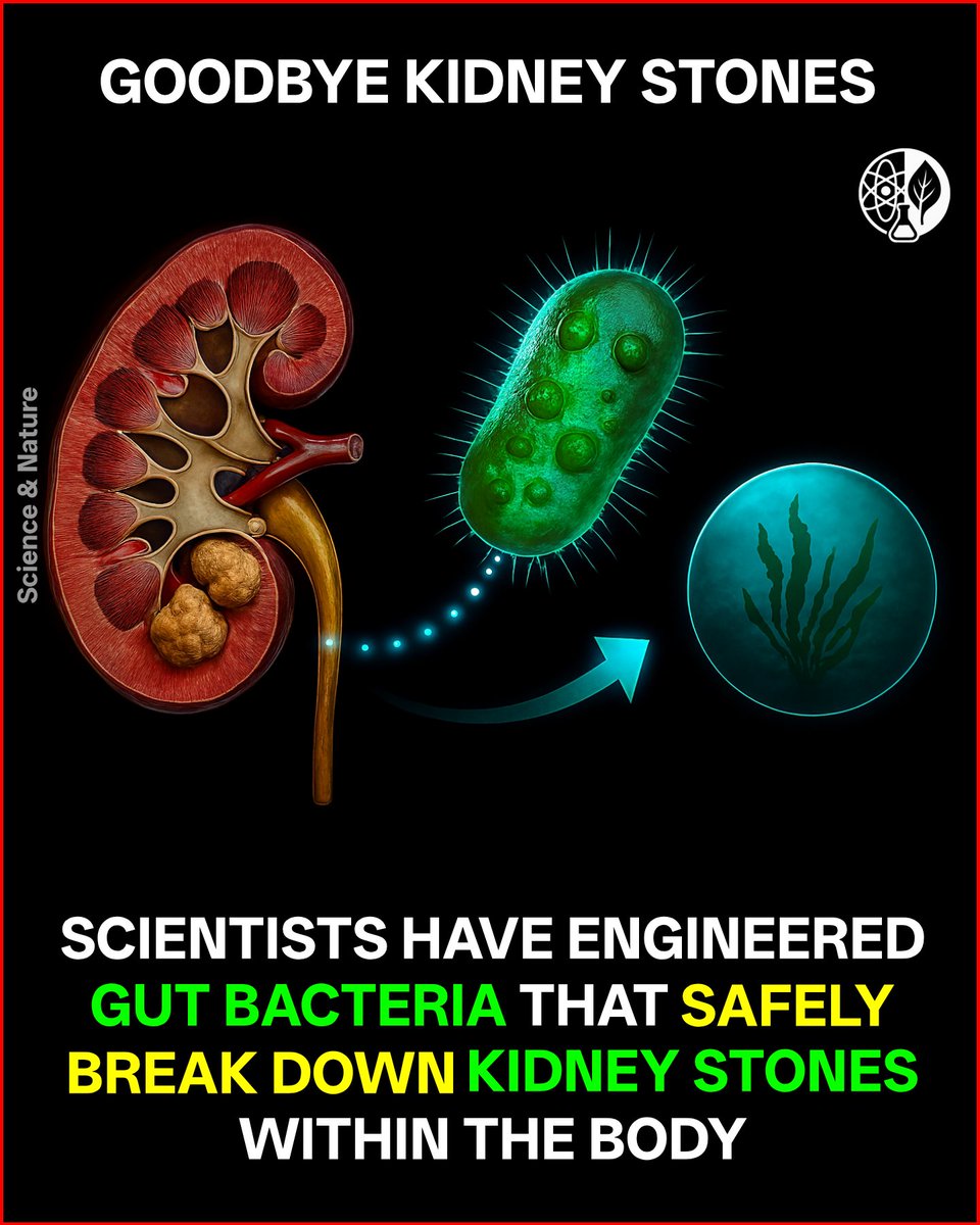 ScienceIsNew's tweet photo. Scientists may have found a way to say GOODBYE to kidney stones!  
Engineered gut bacteria can safely break down oxalate — the culprit behind most stones — with a built‑in safety switch powered by seaweed 🌿.

#GoodbyeKidneyStones #SmartBacteria #StoneFreeFuture #BioRevolution https://t.co/iQACZv0Db1