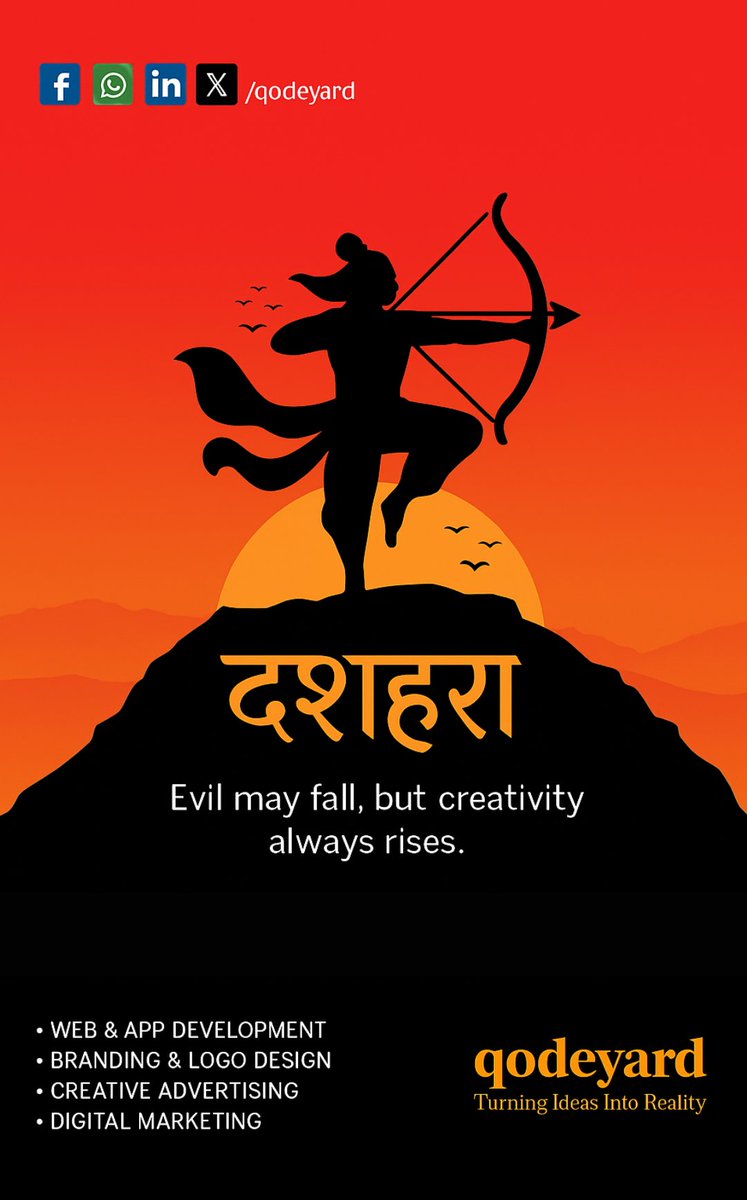 QodeYard's tweet photo. ✨ Happy Dussehra ✨
Celebrating the victory of good over evil &amp; the power of creativity that always rises! 🌅🏹
At Qodeyard, our focus on turning ideas into reality never wavers. 🚀
💡 Evil may fall, but creativity always rises!

#HappyDussehra #VictoryOfGoodOverEvil #Qodeyard https://t.co/S2lST5hwzc