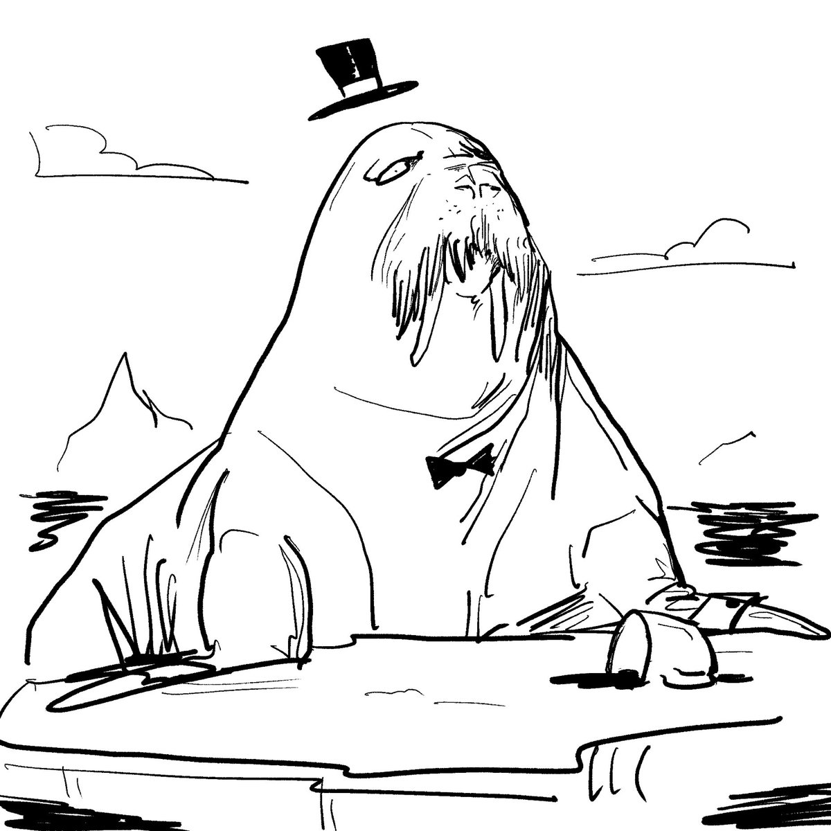 Meg_or_Die's tweet photo. It’s that time of year again! Get ready for a daily delivery of doodles: it’s #Inktober once again! Today’s prompt has been “moustache.” 
Say hello to Mr Moustache 🦭
As you can see, he dressed for the occasion. https://t.co/3PAhQzGd9t
