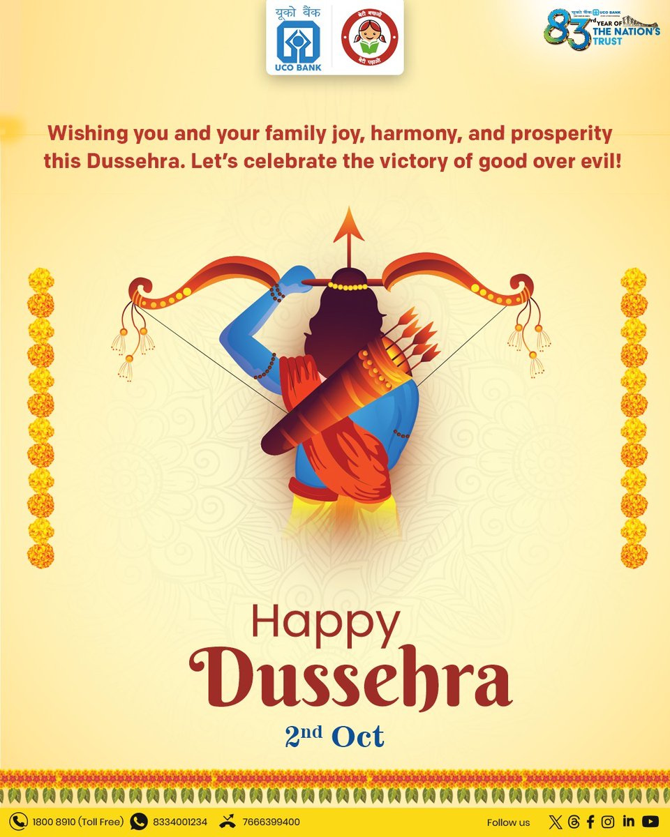 UCOBankOfficial's tweet photo. 🌸✨ On this Dussehra, let’s celebrate the triumph of good over evil and welcome joy, peace, and prosperity into our lives. 🌟🙏

UCO Bank wishes you and your family a very Happy Dussehra! 🎉🏹🔥

#HappyDussehra #VictoryOfGoodOverEvil #UCOBank #FestiveGreetings https://t.co/jSMRebZBqy