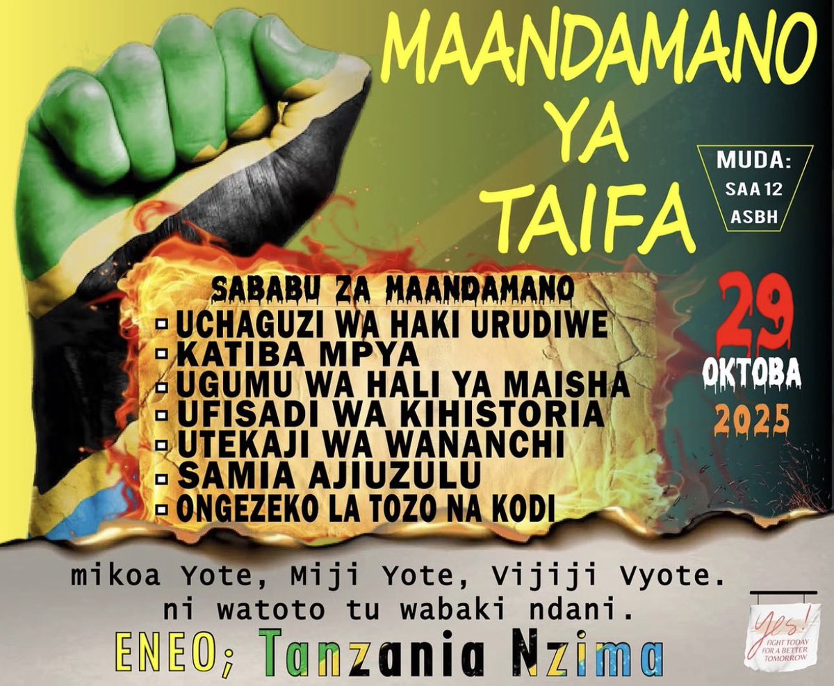IkindaKani11826's tweet photo. Sambaza huu ujumbe uwafikie Watanzania wote.
#Mavazi_rasmi_ya_october_29_2025.
👉Nguo zisizobana sana kwenye mwili.
👉 Wanawake kwa wanaume  suruali isiyobana viungo,na isiwe kubwa kupitiliza.
👉Raba yenye  kamba fupi,funga vizuri raba yako.
👉Beba mzura unafunika uso kisirisiri https://t.co/1el2Wsi4mo