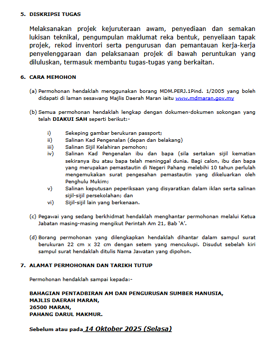 MDMaran's tweet photo. Iklan Jawtan Kosong di Majlis Daerah Maran - Penolong Jurutera Gred JA5 https://t.co/LqE6hZAZKg