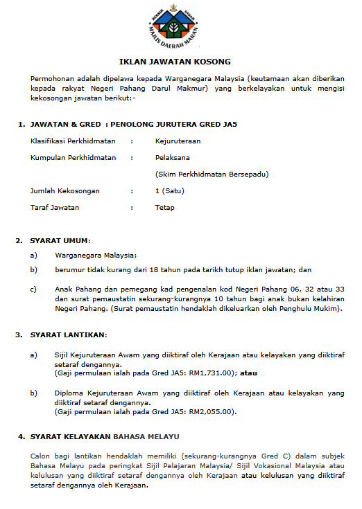 Iklan Jawtan Kosong di Majlis Daerah Maran - Penolong Jurutera Gred JA5