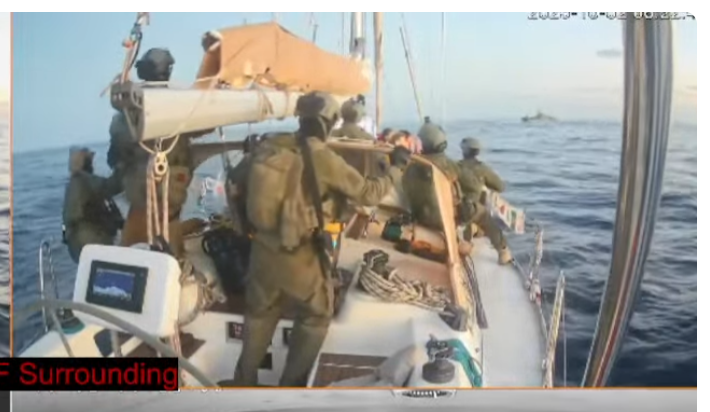 Shrimpathiser's tweet photo. Aid boat Oxygono intercepted and overtaken by Israeli forces with guns. They then manually disabled the cameras. 
#GlobalSumudFilotilla https://t.co/irTAa08CIB