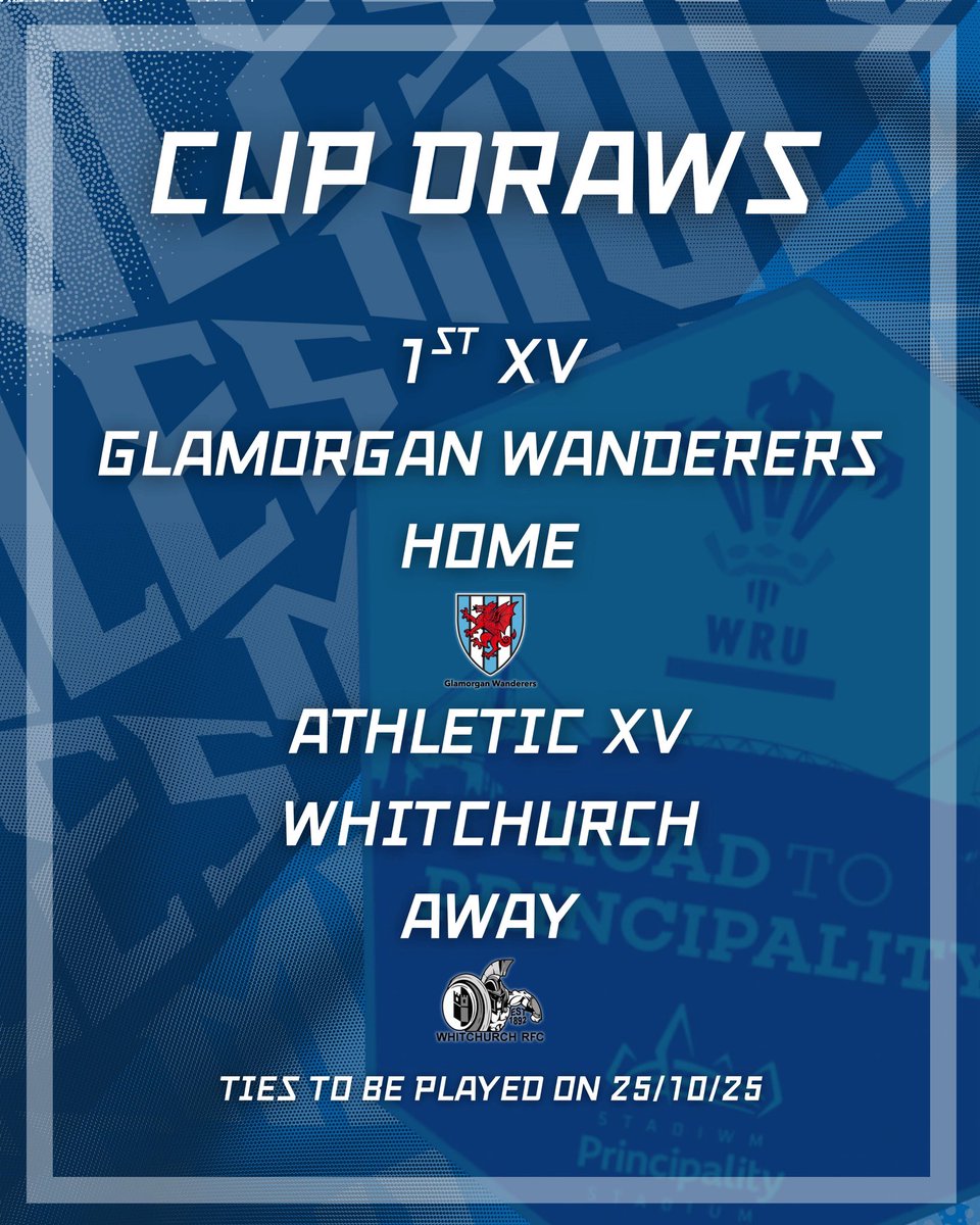 Draws have been made for the next round of the Wru Cup Competitions. The 1st will host <a href="/GlamWandsRFC/">Glam Wanderers RFC</a> while The Athletic will travel to <a href="/Whitchurch_RFC/">Whitchurch RFC</a> . Fixtures will be played on October 25th #roadtothefinals #halamules