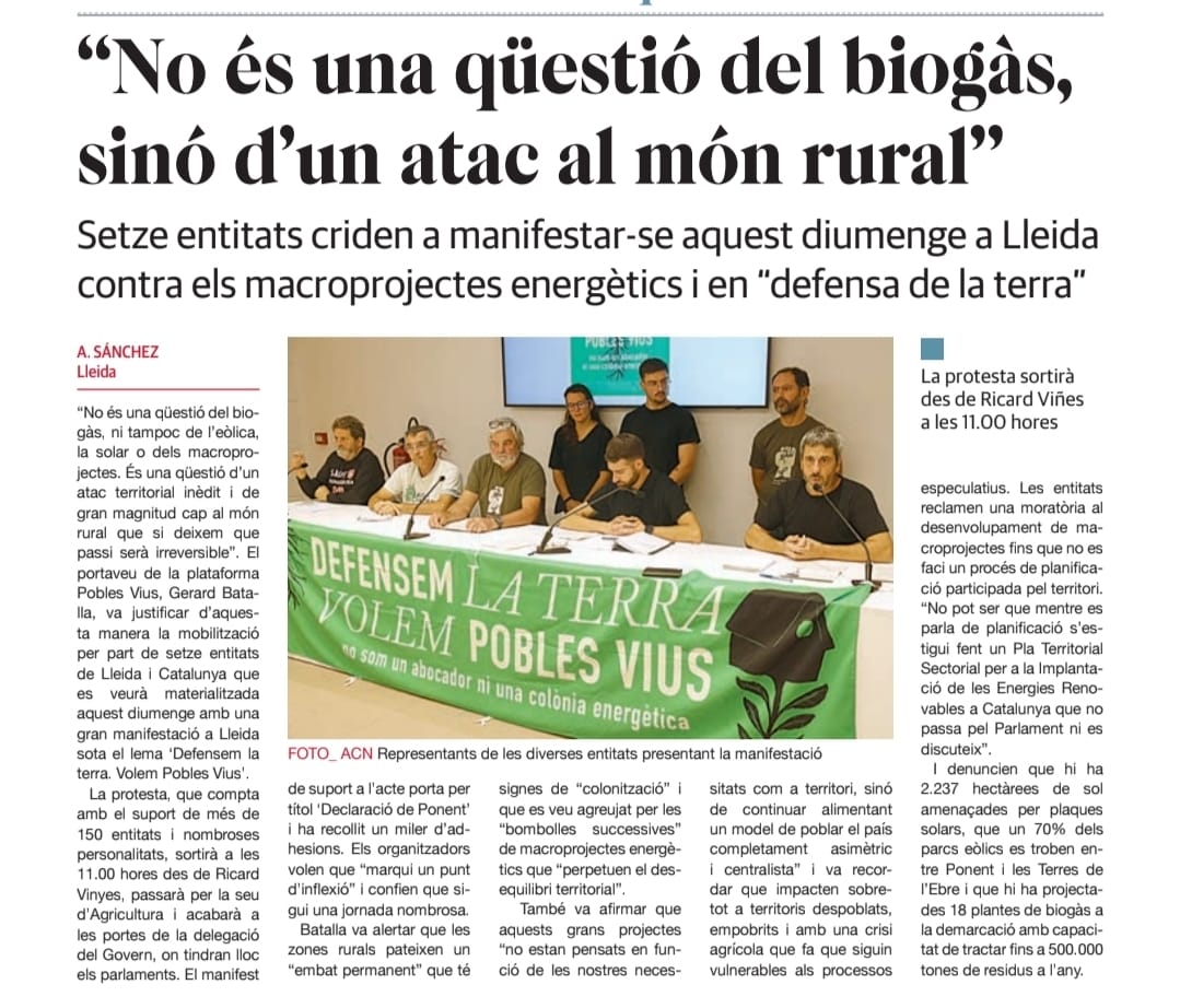 A favor de la vida rural i contra l'embat territorial que patim. No només de projectes energètics, sinó també de logístics, de residus i de modernitzacions diverses. Un primer pas cap a l'aixecament del món rural. Aquest serà el sentit de la manifestació del #5Octubre