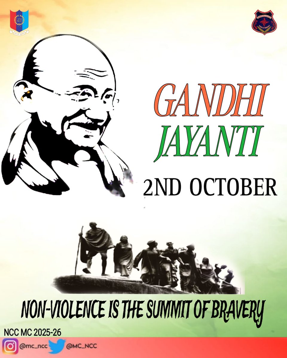 MC_NCC's tweet photo. "अहिंसा परमो धर्मः" Today, on the 156th birth anniversary of the great Father of the Nation Mahatma Gandhi. We pay our heartfelt tributes to him. We salute the courage, patriotism, and dedication of Gandhiji, the champion of nonviolence.@modi,@HQ_DG_NCC,@nccner
#MahatmaGandhi https://t.co/xkFRISqvHd