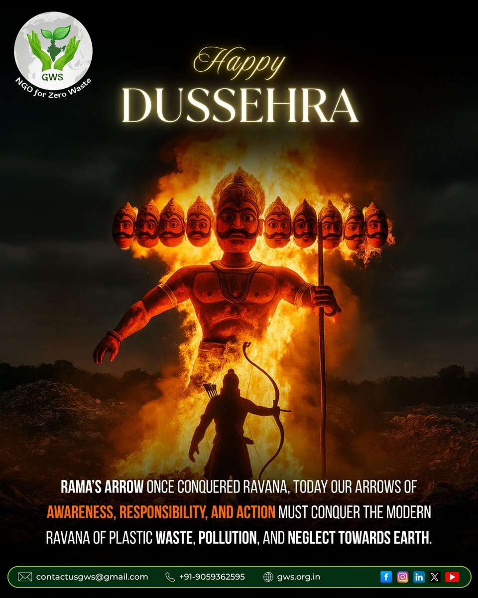 This Dussehra, let’s redefine victory. 🔥
The true Ravanas of our time are not mythical demons, but the mountains of plastic waste, e-waste, air and water pollution, food waste, deforestation, and climate change threatening our planet. 🌍

Every sustainable action — refusing