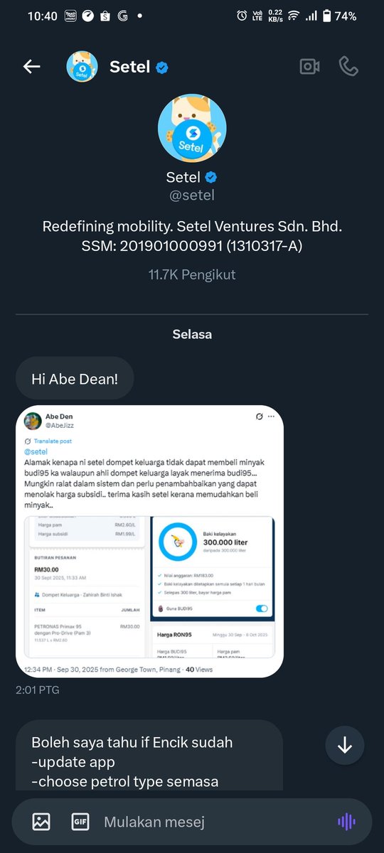 AbeJizz's tweet photo. Alhamdulillah masalah budi95 telah pon selesai mungkin disebabkan oleh ralat sistem haha.. apapun teruskn guna @setel support minyak negara kita 
#petronas 
#setel 
#BUDI95 https://t.co/OBpAfztrlv