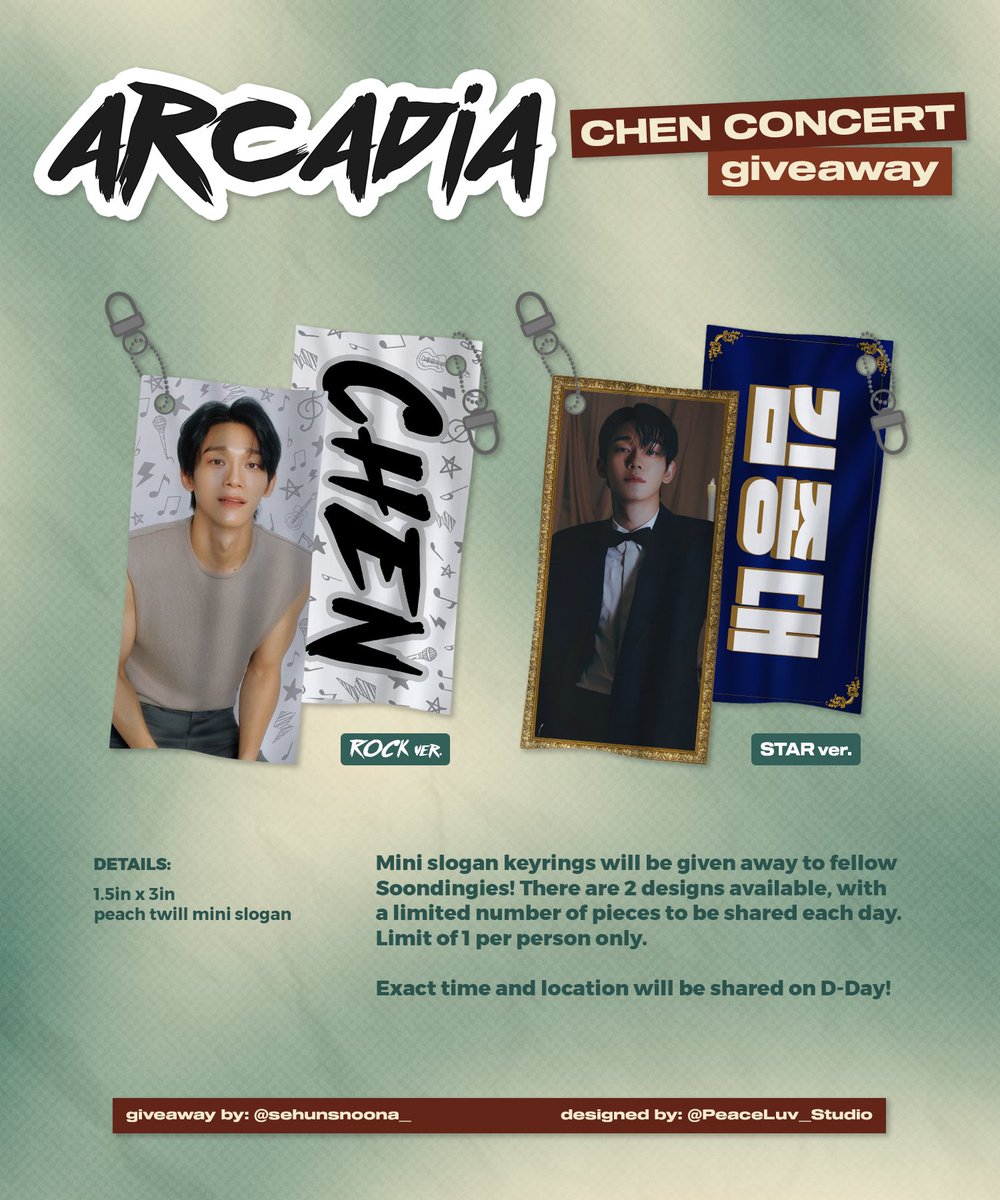 sehunsnoona_'s tweet photo. 🎶 ARCADIA: Chen Concert 🎶

✨️ GIVEAWAY✨️

🗝 Mini slogan keyrings
🎨 2 designs (ROCK ver. and STAR ver.)
🔒 Limited pcs per day | 1 per person only

See you all on the 11th and 12th 💛

#CHEN #Arcadia #CHEN_Arcadia #첸 https://t.co/kYrx2jbg9A